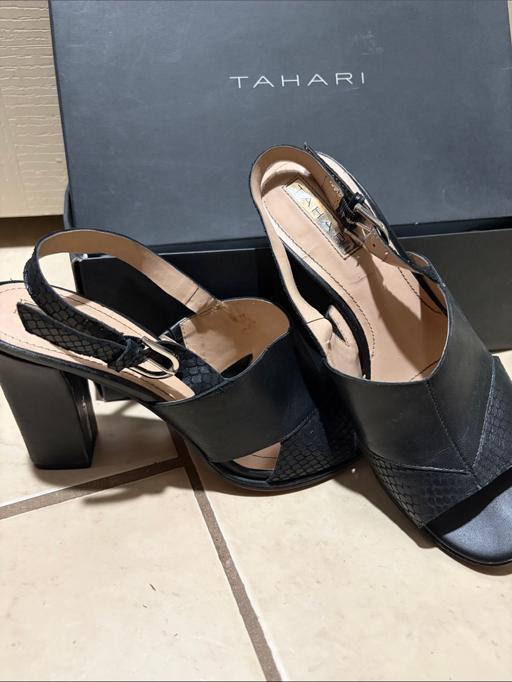 Tahari Black Leather Slingback Block Heels with snakeskin Textured Accents